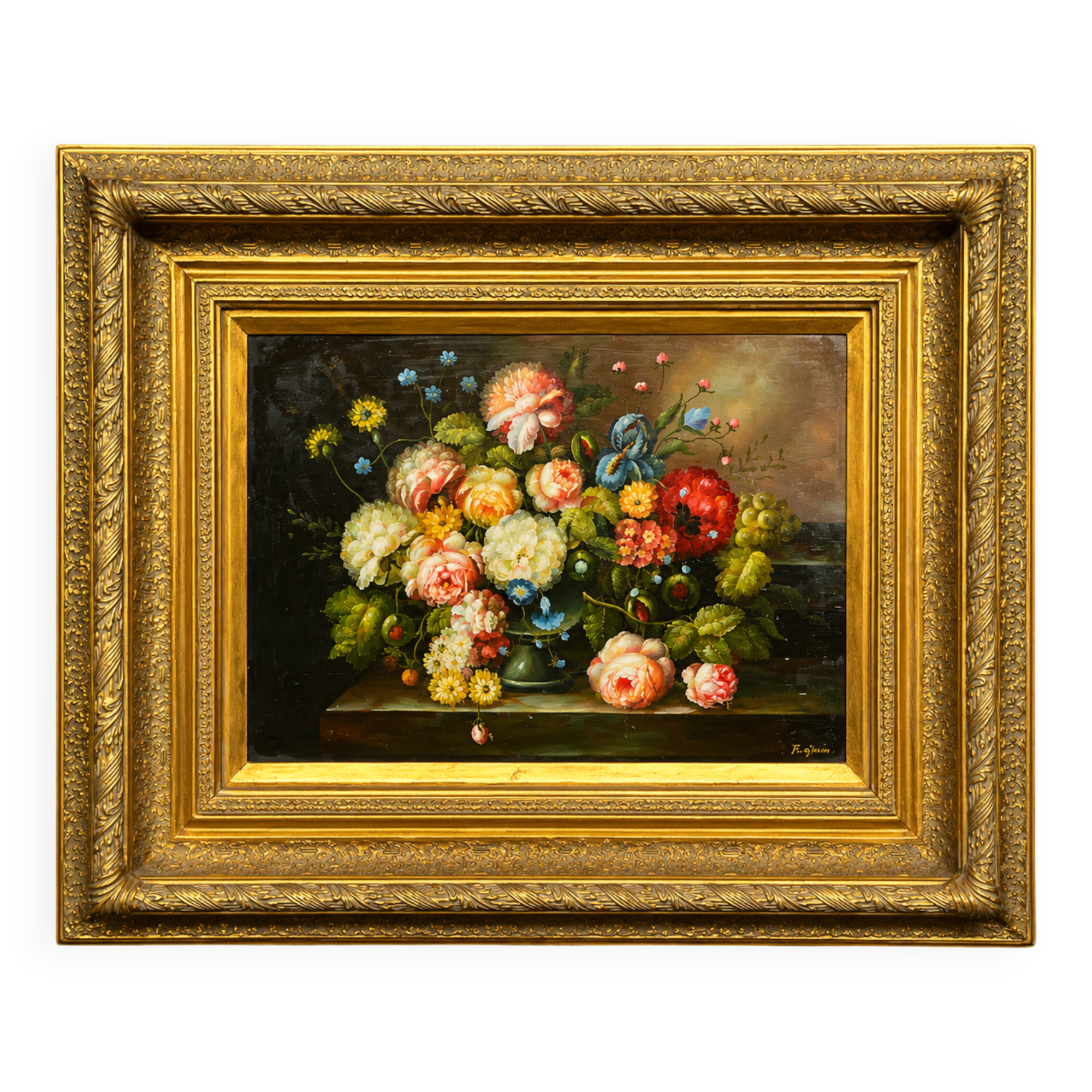 Still life with roses in a beautiful frame on a wooden panel in Flemish style.