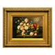 Still life with roses in a beautiful frame on a wooden panel in Flemish style.