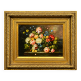 Still life with roses in a beautiful frame on a wooden panel in Flemish style.
