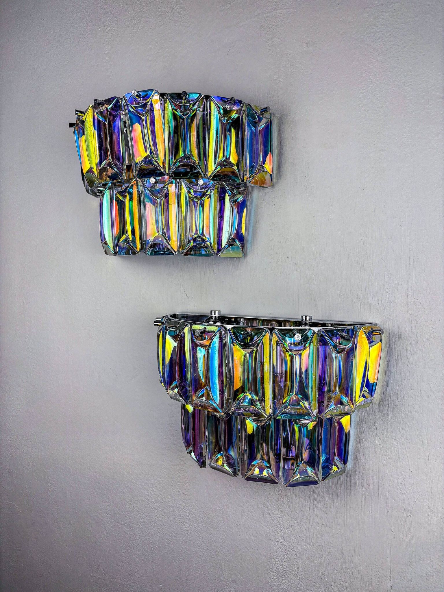 Pair of 2-tier Paolo Venini iridescent Murano glass wall lights, Italy, 1970s