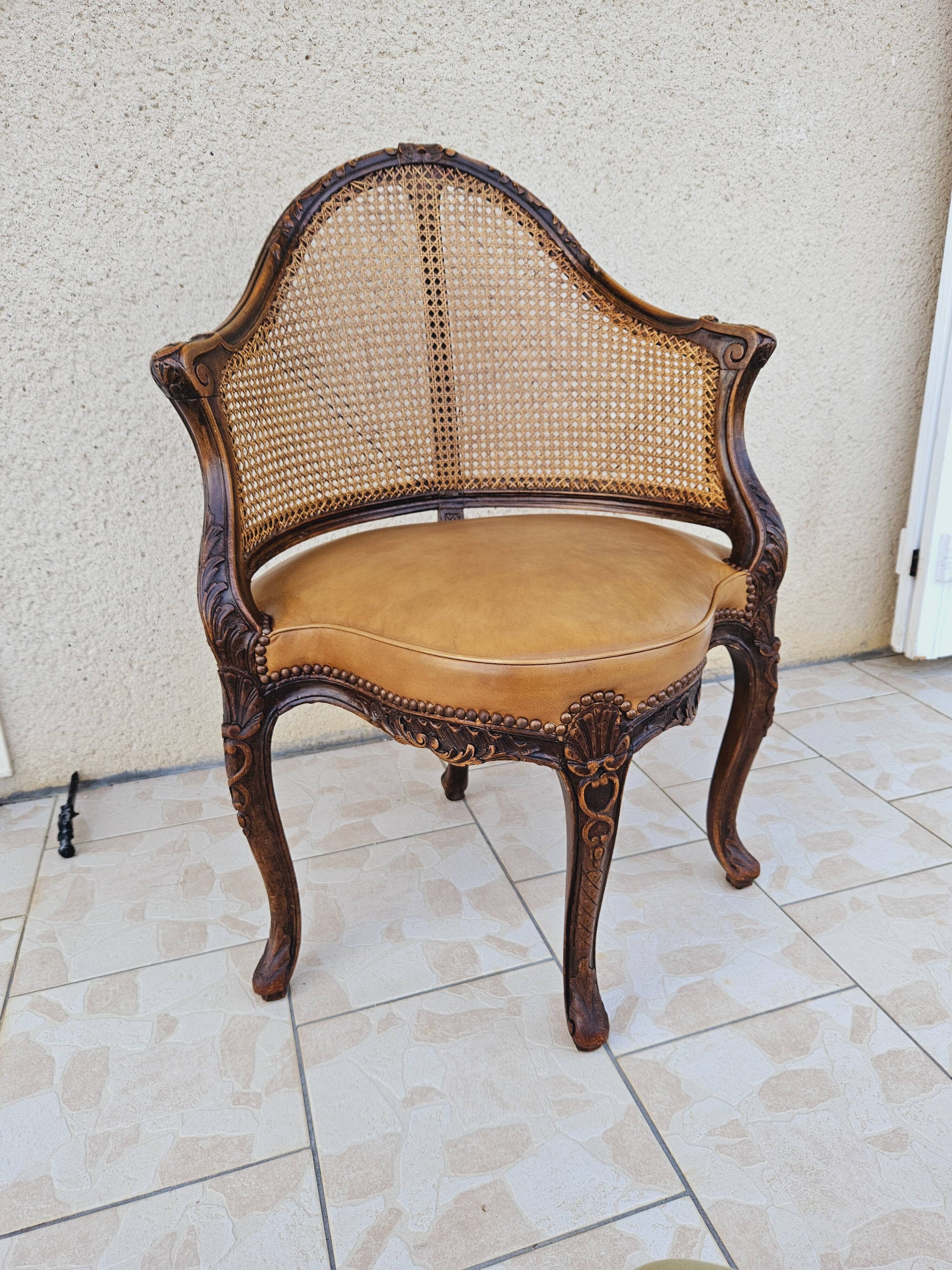 Louis xv office armchair, carved, cane, leather trimmed