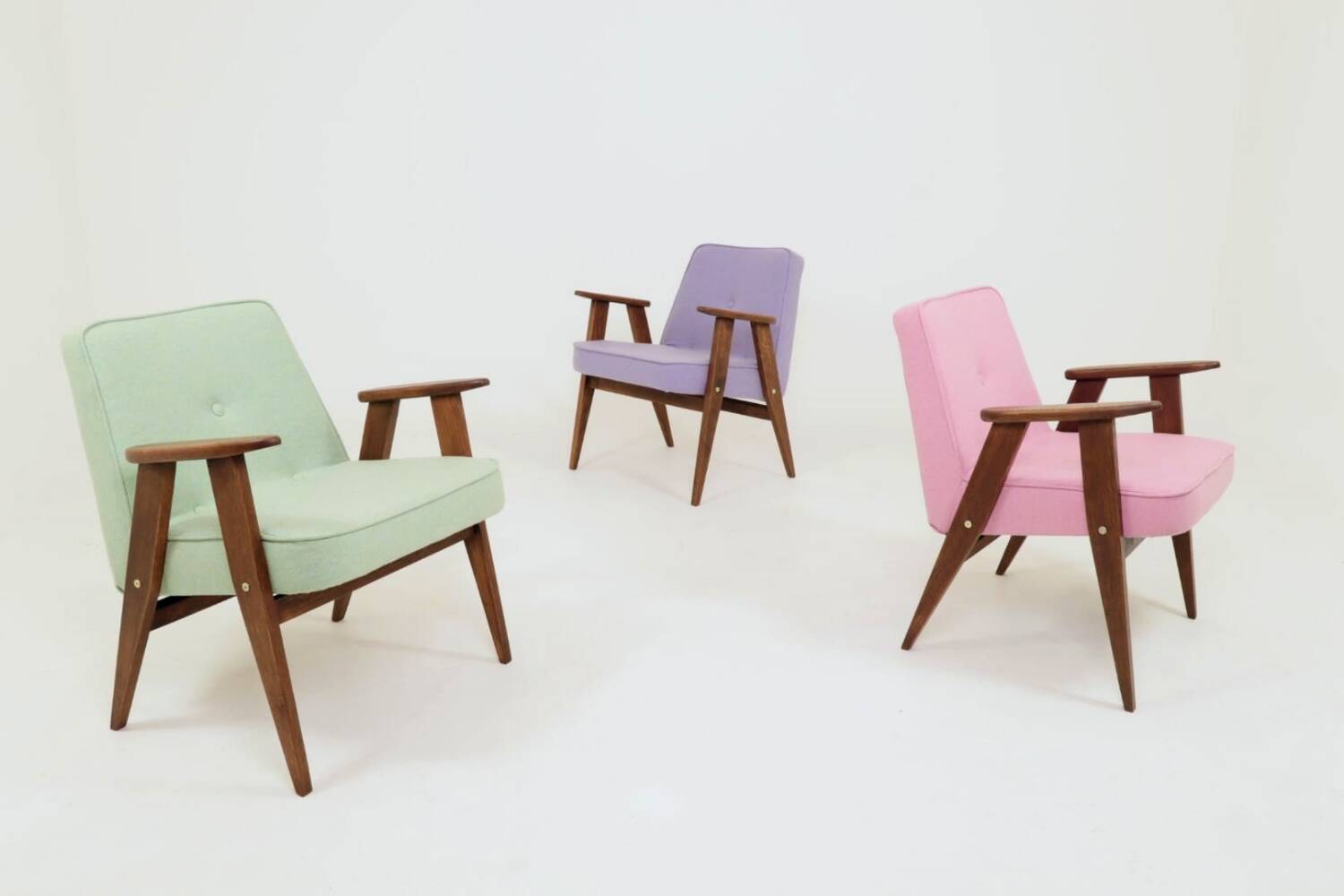 Pink Armchair Vintage Pastel wool fabric, Oak wood