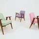 Vintage pink armchair in pastel wool fabric, oak wood.