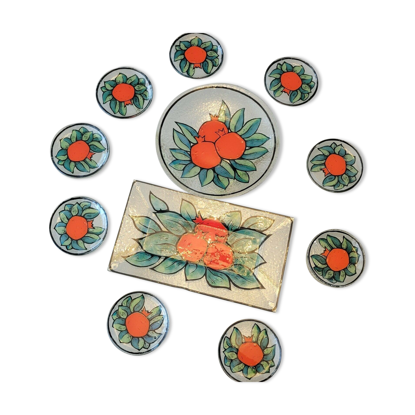 Dessert service in glass decoration fruits pomegranates signed