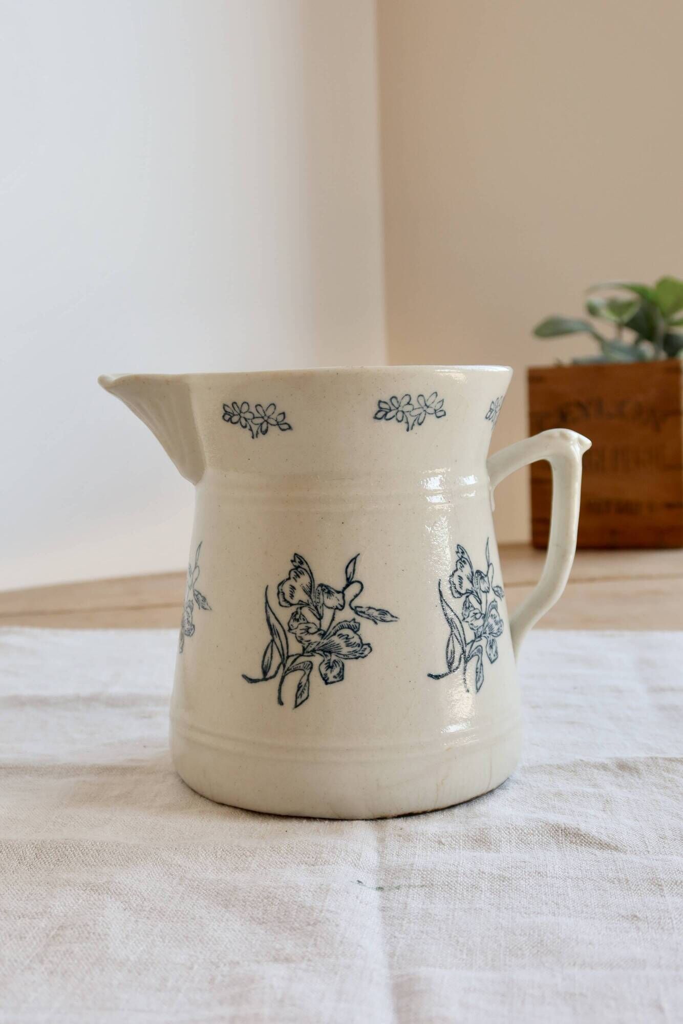 Large antique Saint-Uze pitcher / steel clay terrine Saint-Uze floral pattern