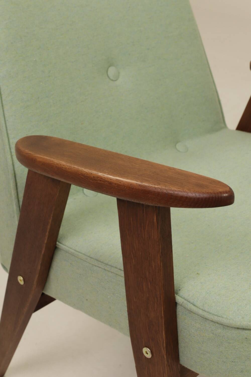 Mid-century modern armchair, oak wood, natural wool.