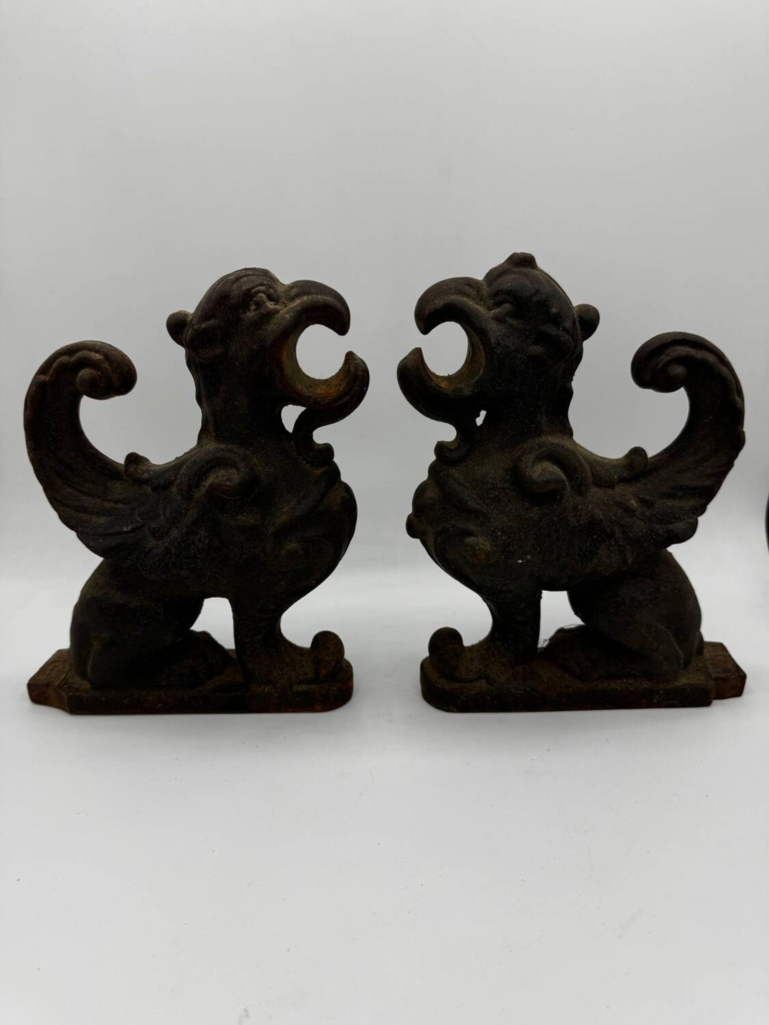 Pair of winged chimera and dragon fire dogs in cast iron