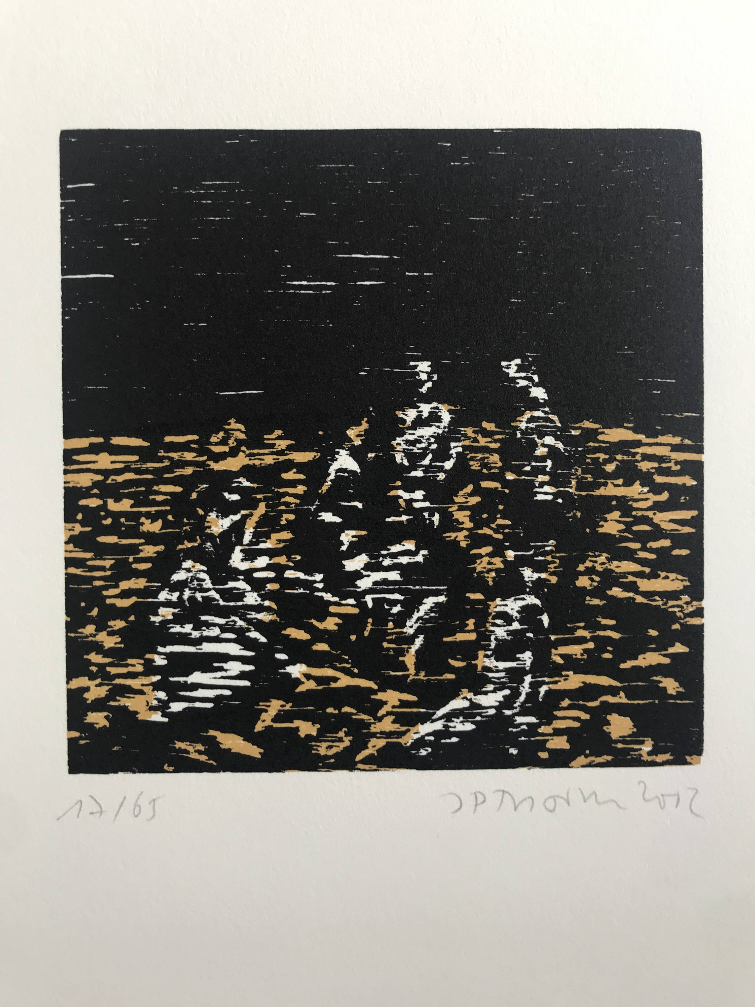 Jan peter thorbecke, mädchen am stand, 2002. woodcut signed in pencil