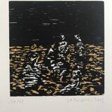 Jan peter thorbecke, mädchen am stand, 2002. woodcut signed in pencil