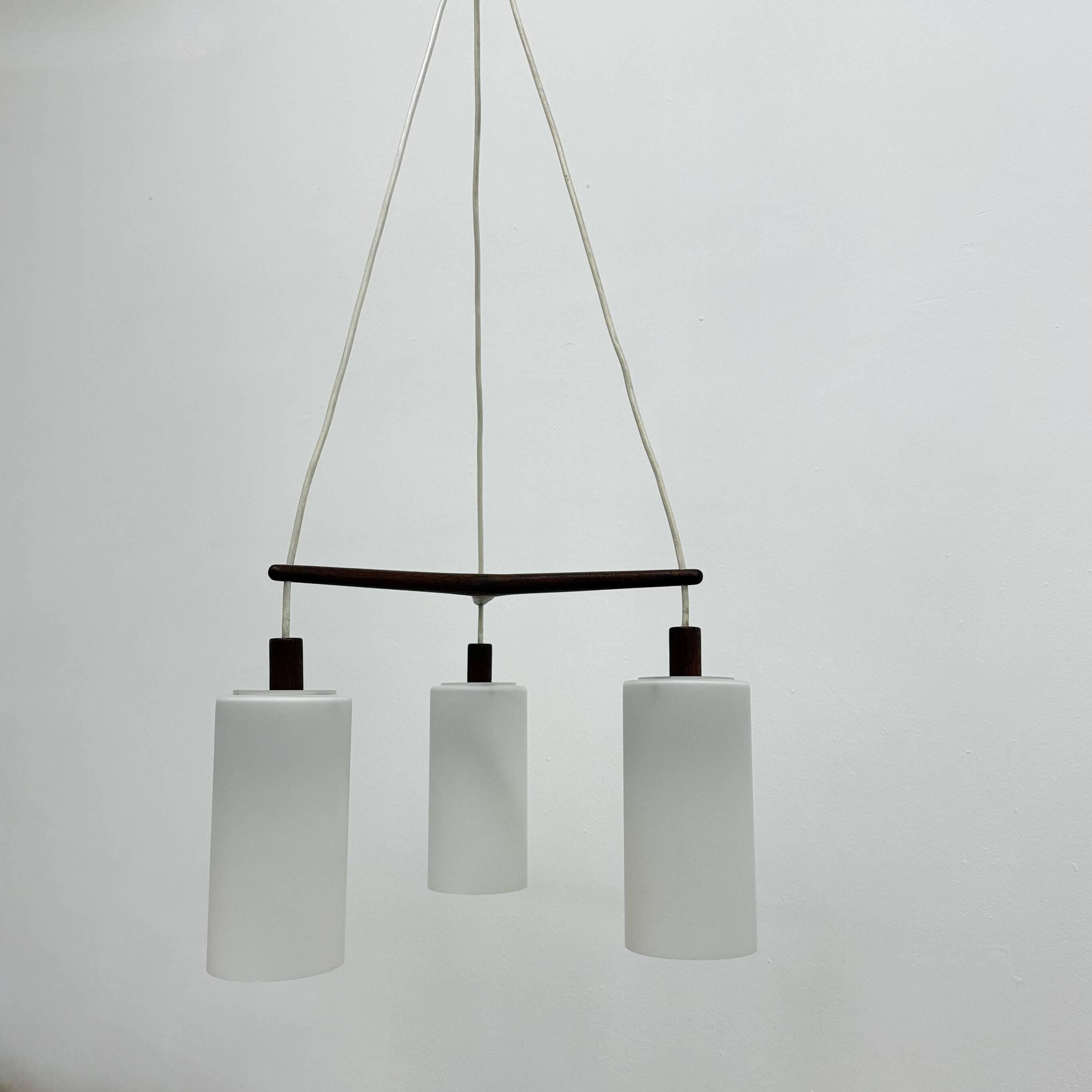 Mid-century design pendant lamp teak and opaline glass, 1970s