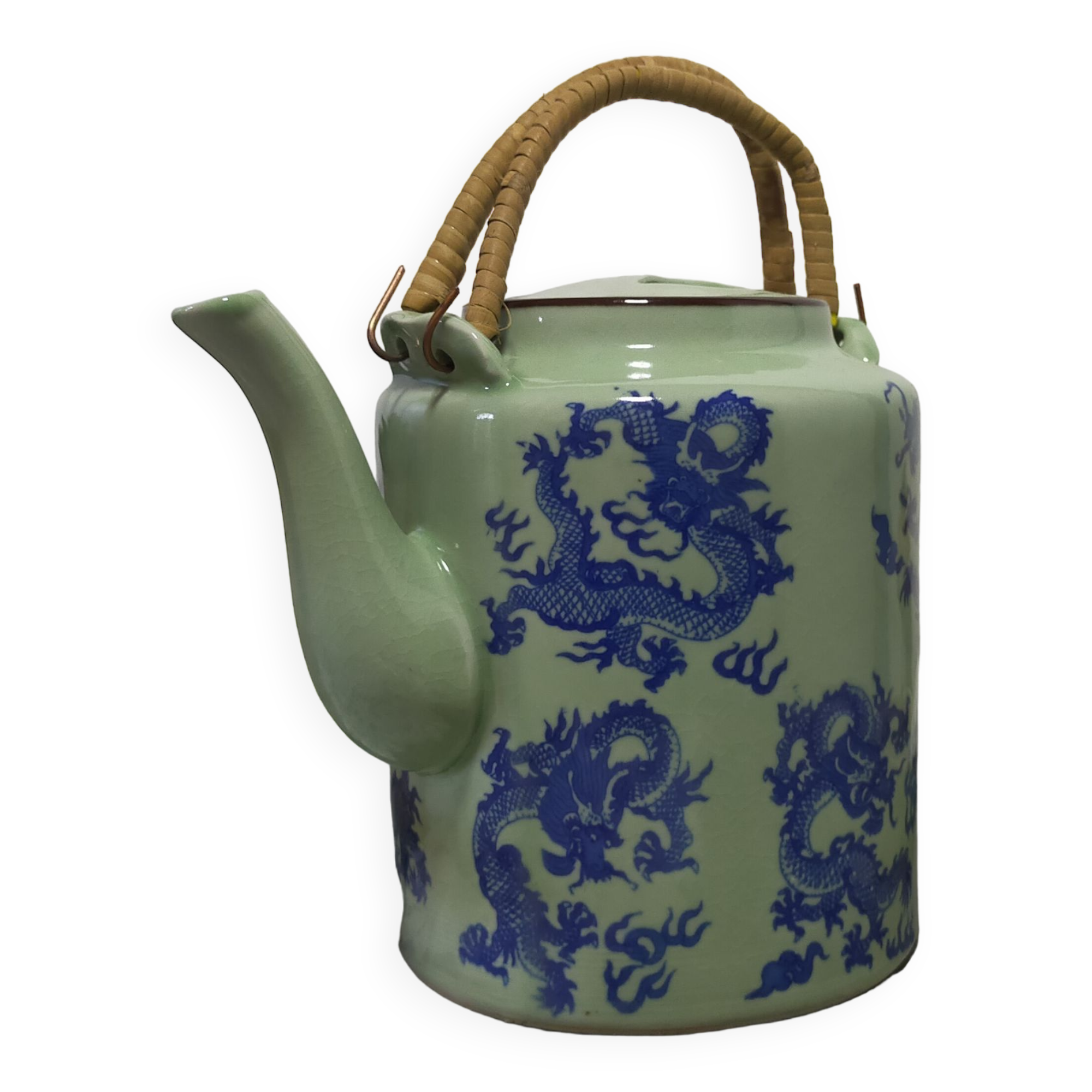 rare green celadon teapot ancient dragons or phoenix decoration with glaze and wicker handles signed /th