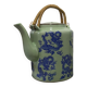 rare green celadon teapot ancient dragons or phoenix decoration with glaze and wicker handles signed /th