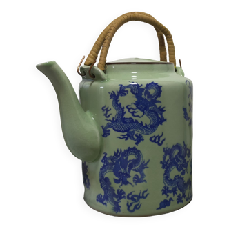 rare green celadon teapot ancient dragons or phoenix decoration with glaze and wicker handles signed /th