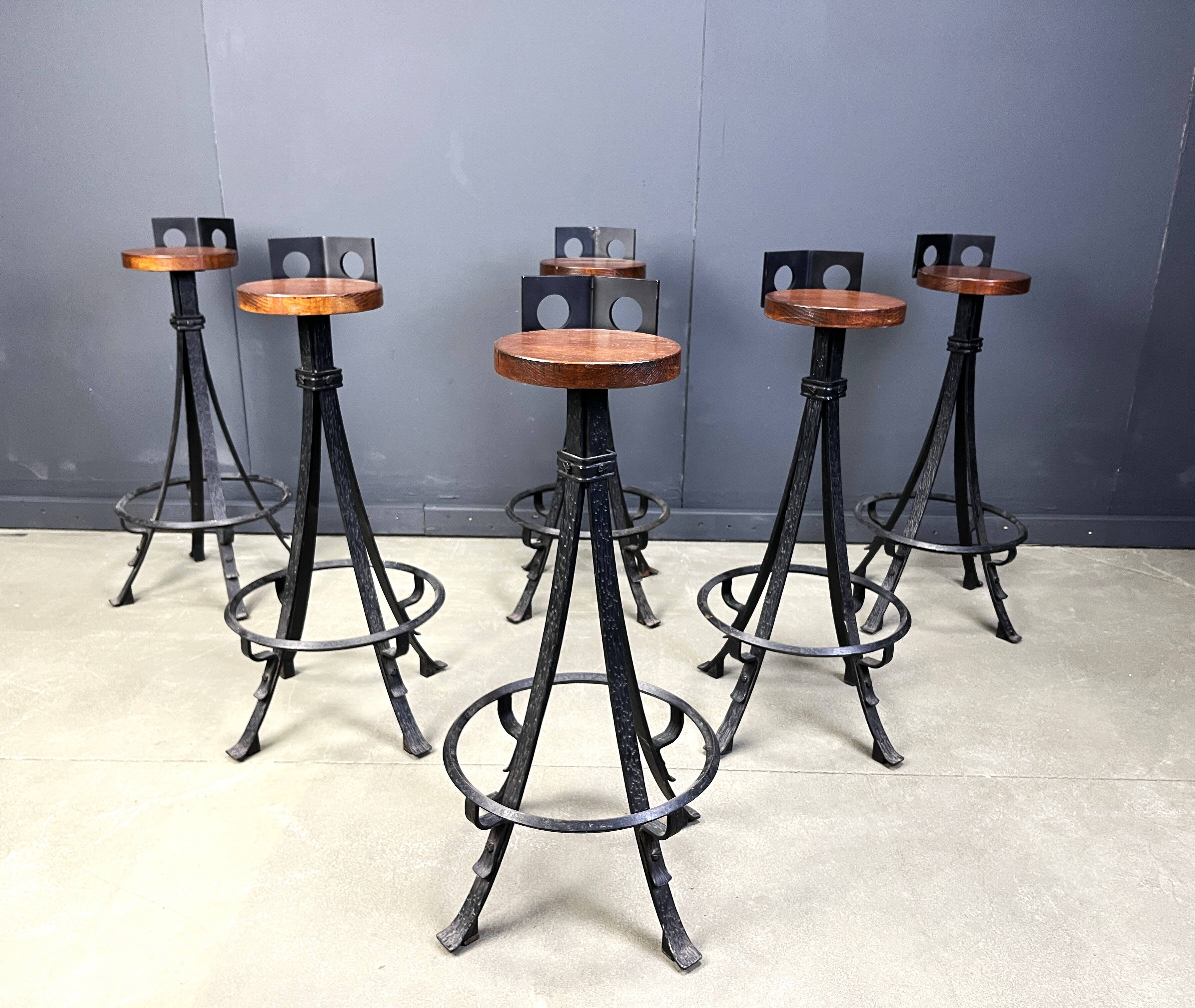 Vintage brutalist wrought iron bar stools, 1970s - set of 6