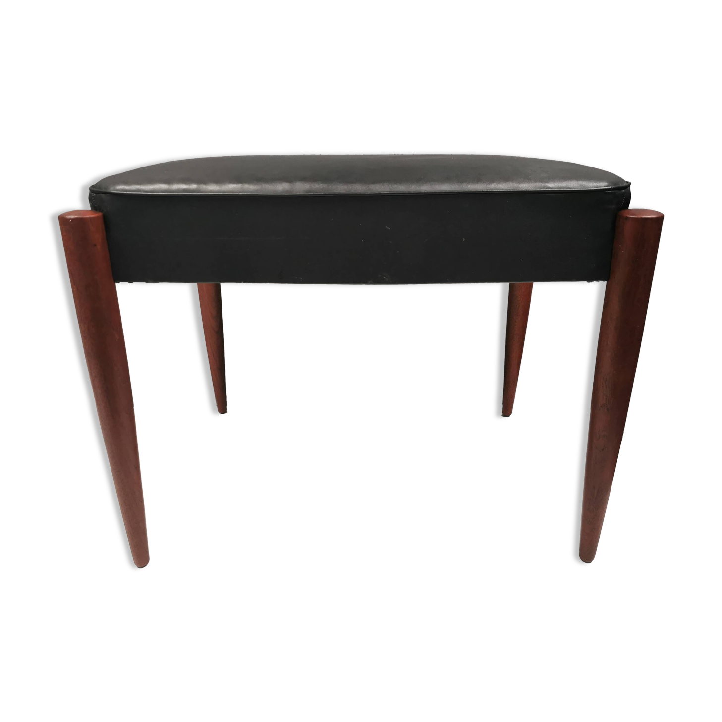 Footstool with teak wood legs and black skai (imitation leather) 1970s