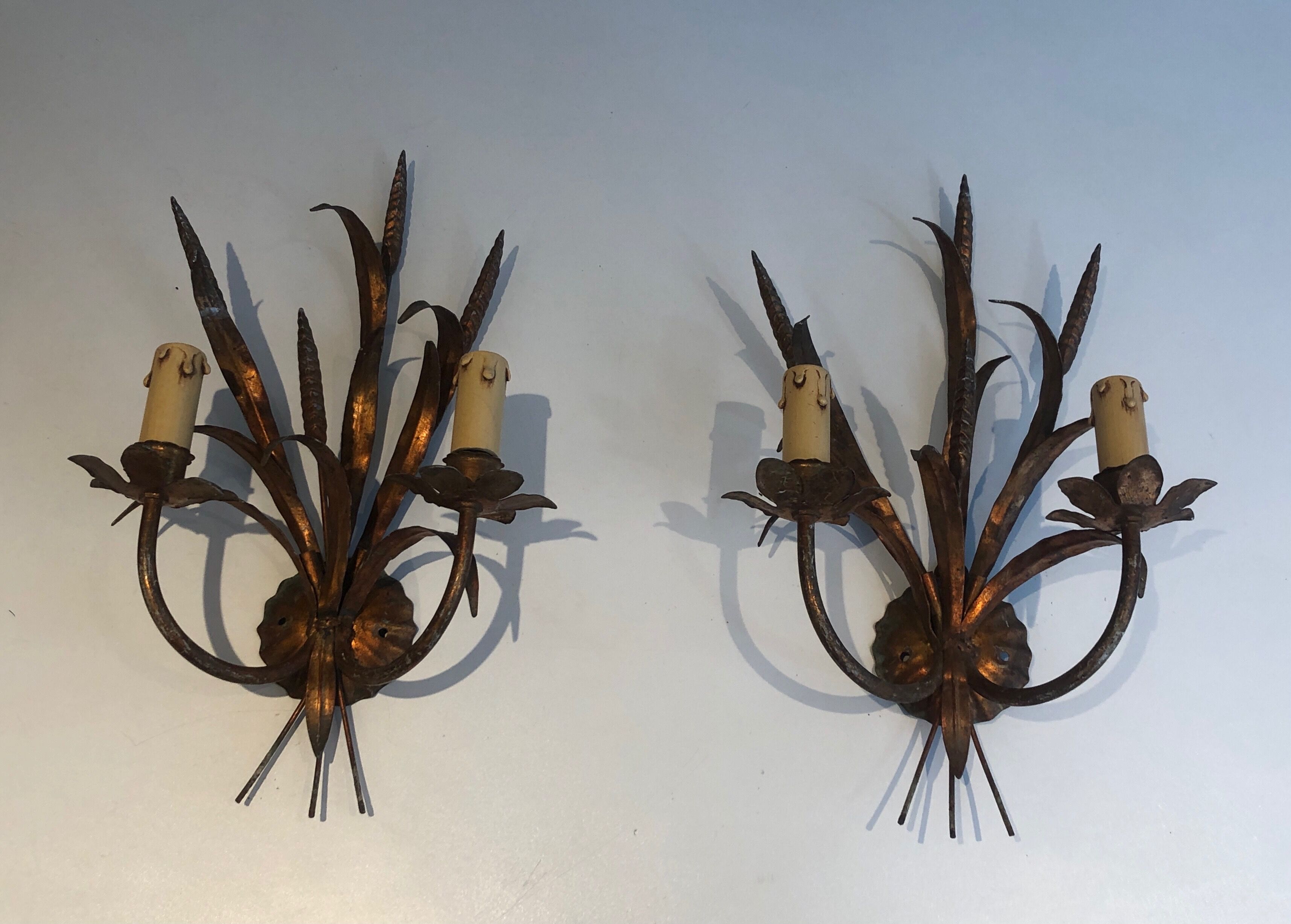Pair of Coco Channel Style Wall Lamps in Golden Metal with Wheat Epis. French work. Around 1970