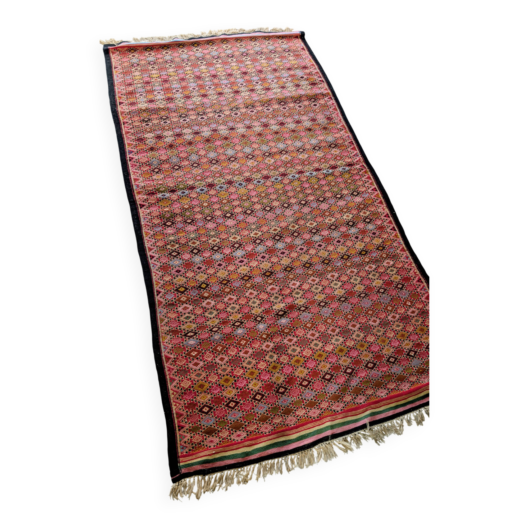 Grand tapis kilim ancien aux motifs géométriques tribaux 260 x 130 cm
