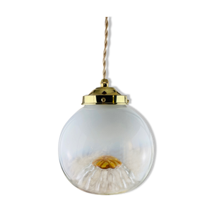Lampe suspension globe ancien Murano mazzega en verre soufflé blanc et orange - années 60