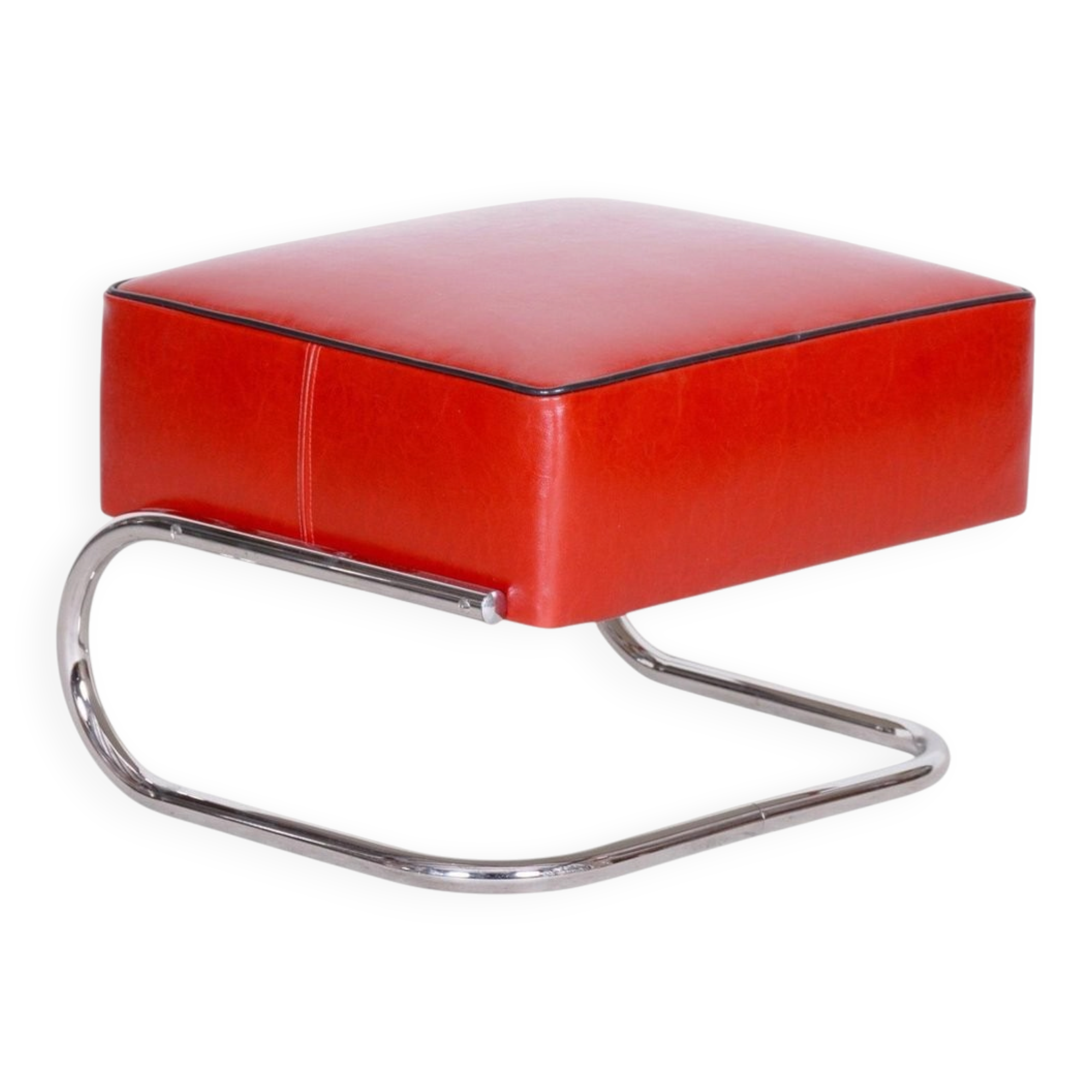 Modern Tubular Stool in Red Leather and Chrome-Plated Steel from Slezák, 1930s