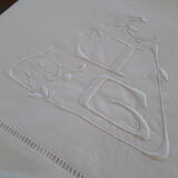 Drap ancien  lin blanc monogramme JG art déco