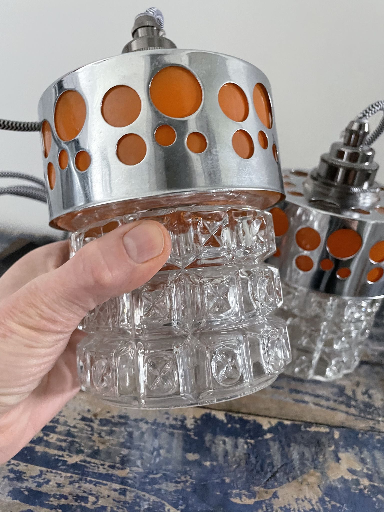 Set of vintage electric chiseled glass lamps