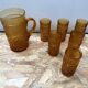 Old Juice Carafe Service + 6 Vintage Geometric Orange Molded Glass Glasses