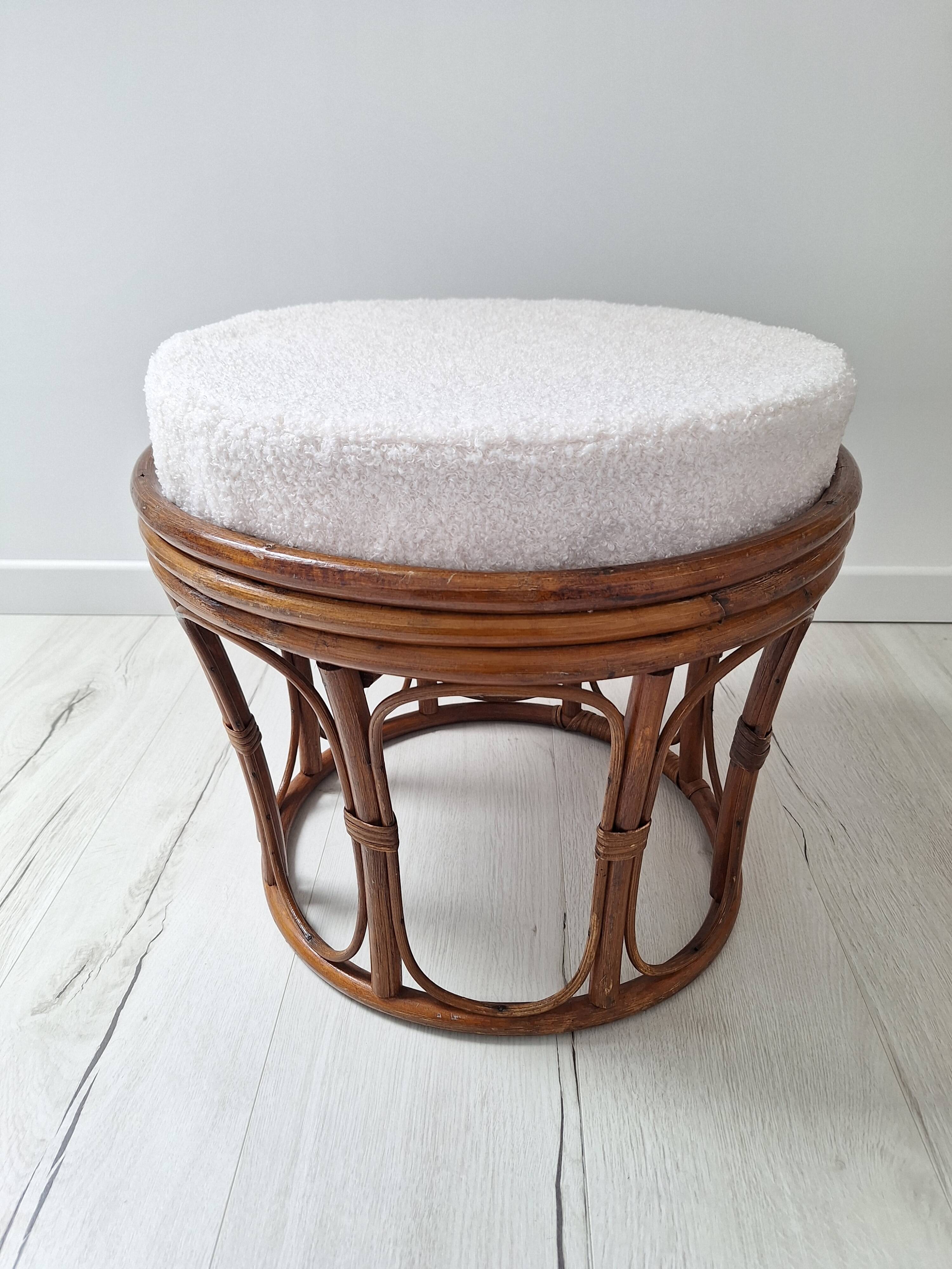 Vintage rattan and French terry fabric pouf