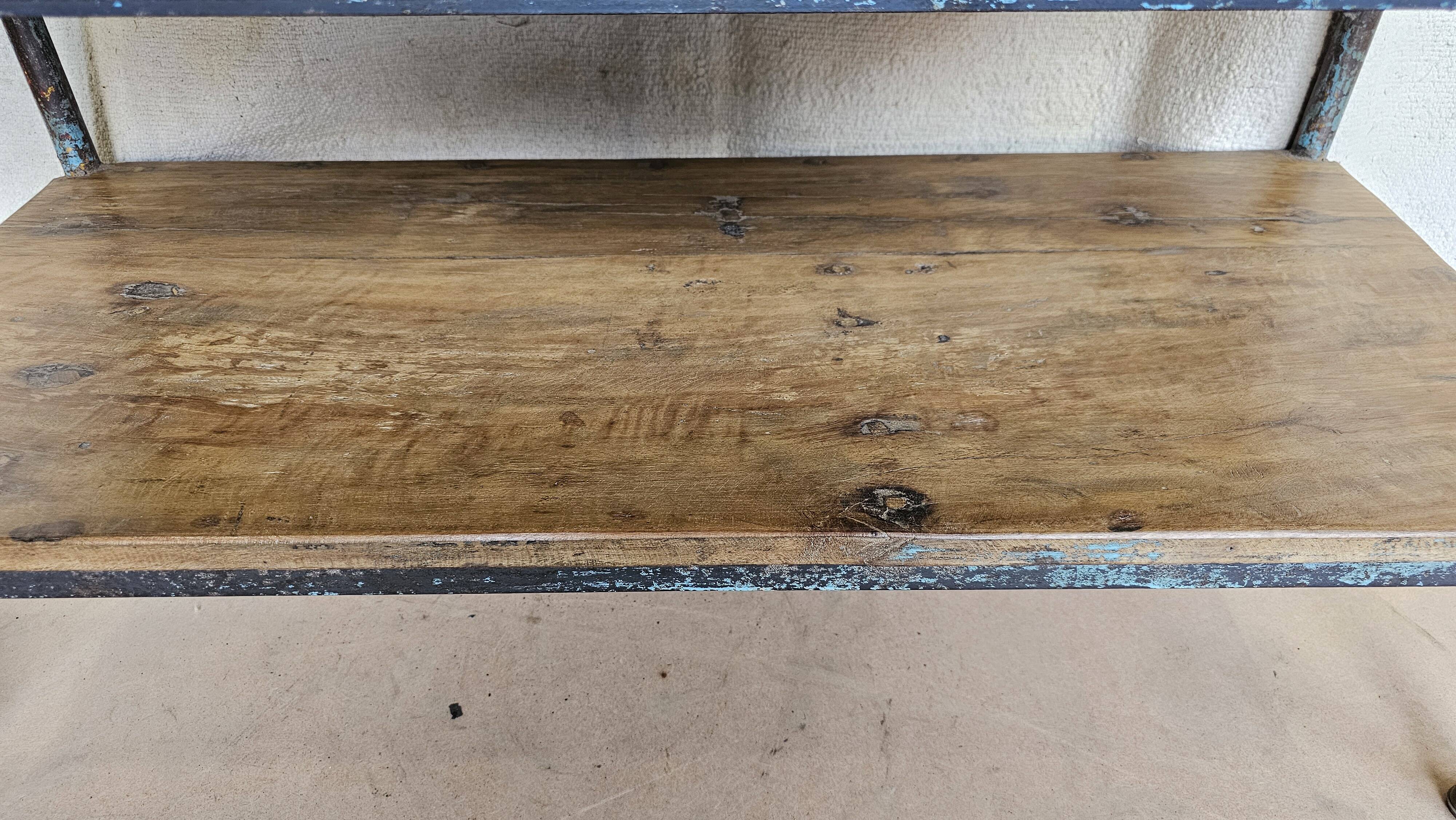 Textile workshop console in teak and wrought iron