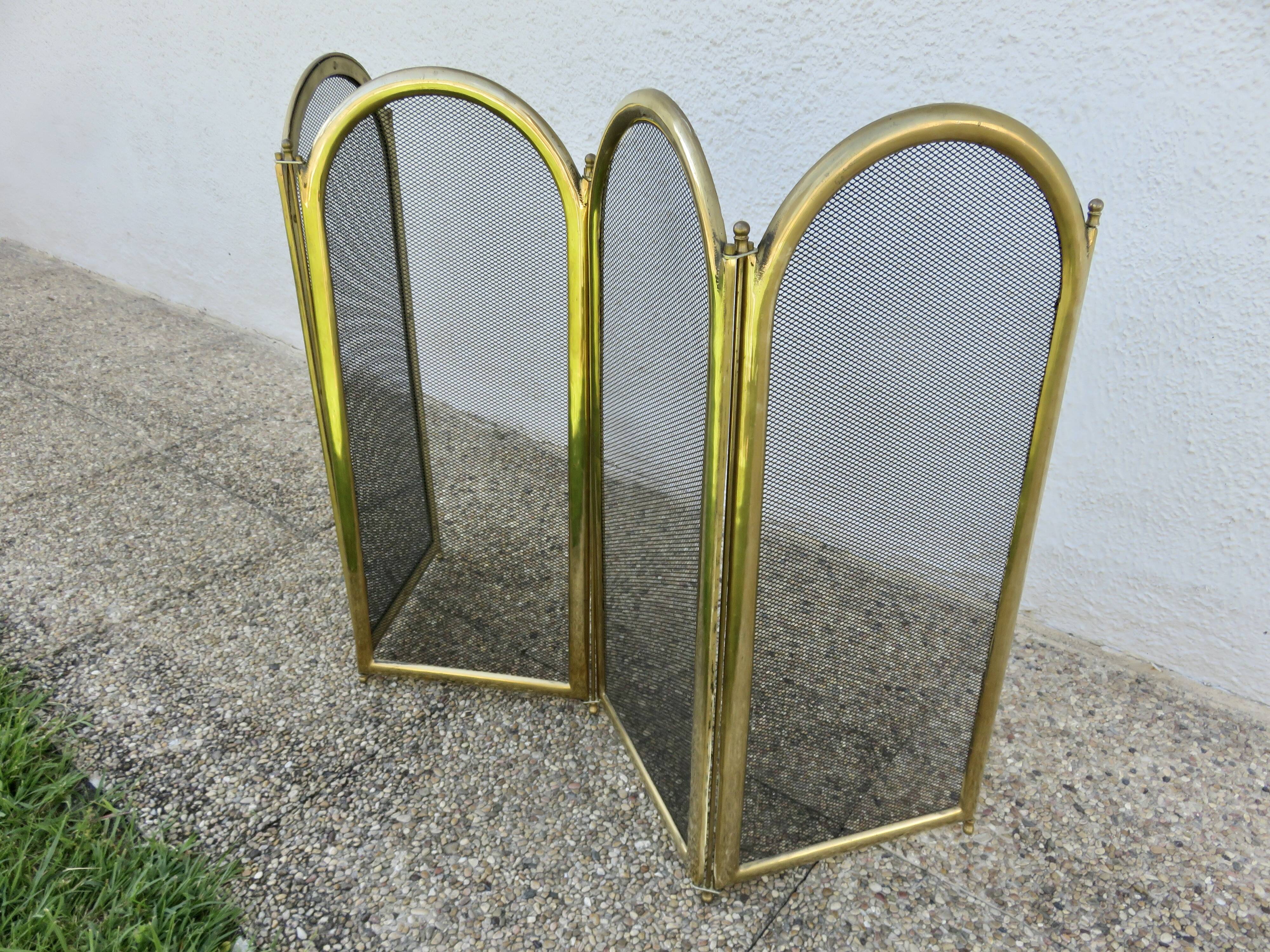Fireplace screen, spark guard, brass, gilded, 4 panels, 1950.