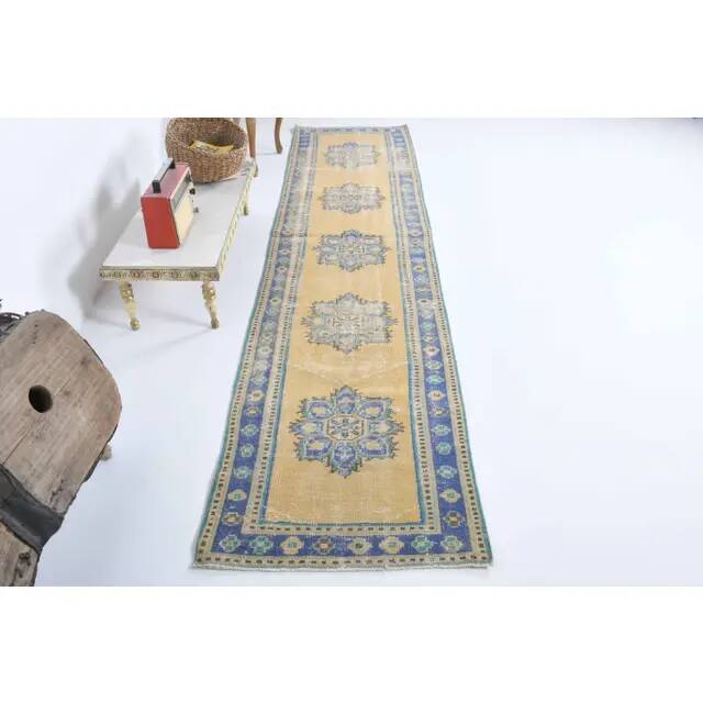 Vintage Turkish hand-knotted wool cotton yellow runner 78x340