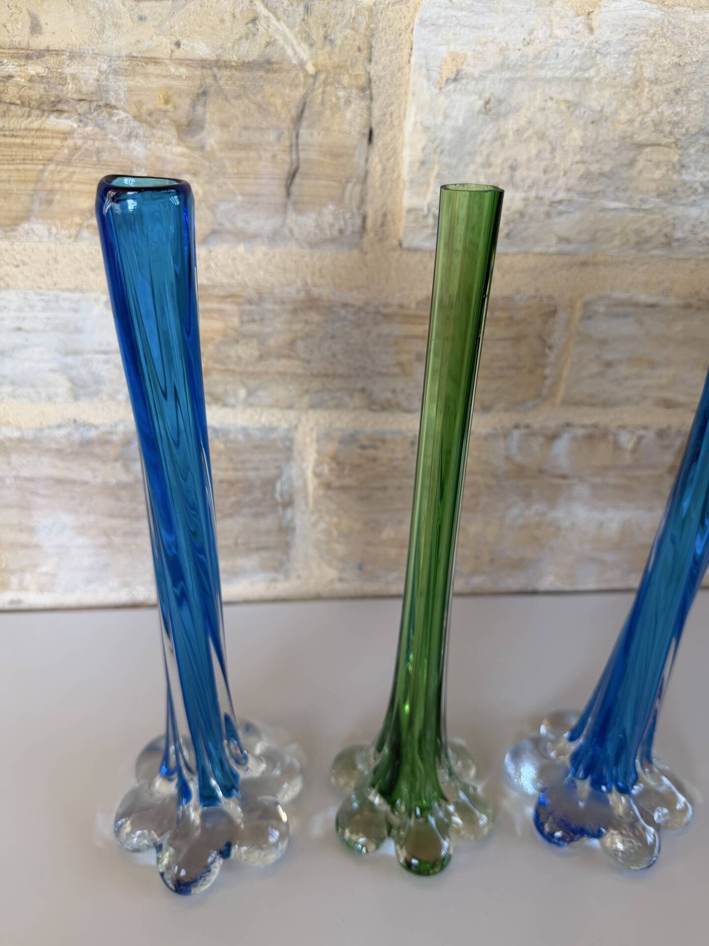Trio de soliflore vase Murano vintage – verre soufflé bleu & vert – It