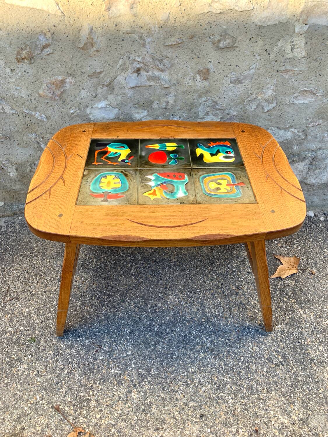 1950s coffee table in oak and ceramic tiles