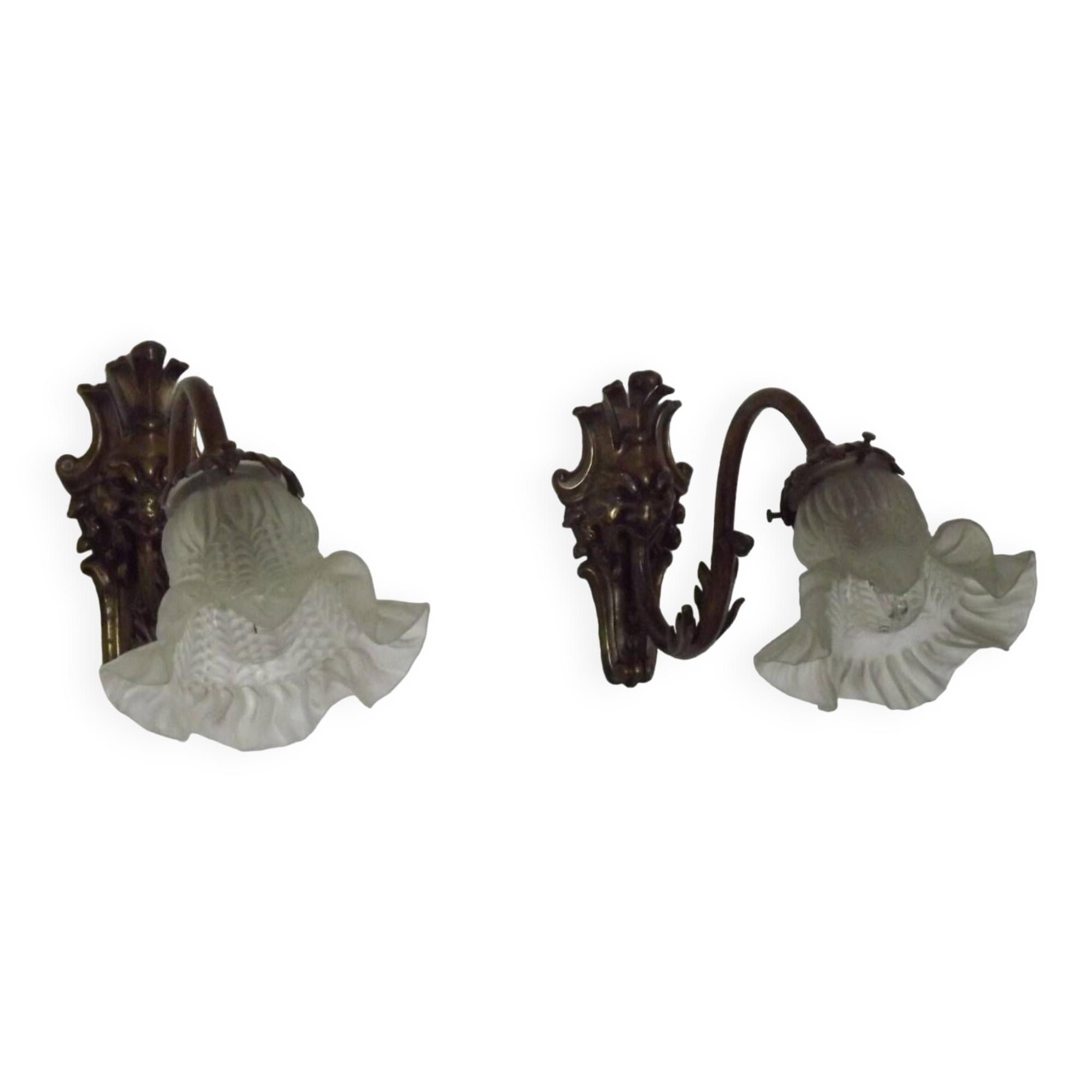 Pair French Antique Brass Greenman Single Wall Lights White Frilled Shade 4572