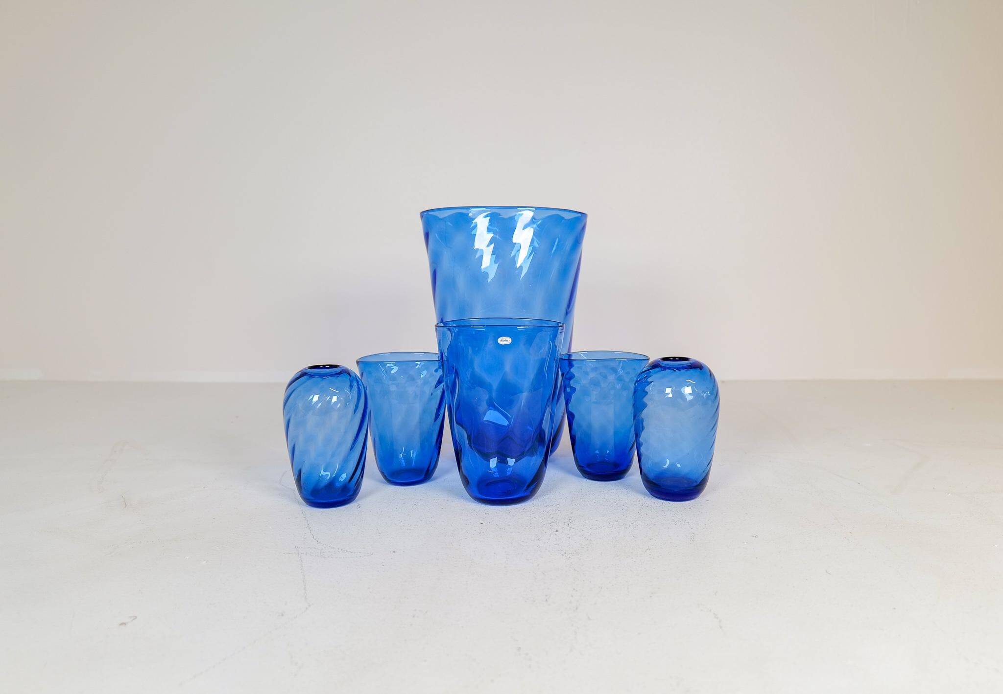 Art Deco Set of 6 Sculpted Glass Vases Handmade Reijmyre, Sweden, 1930s