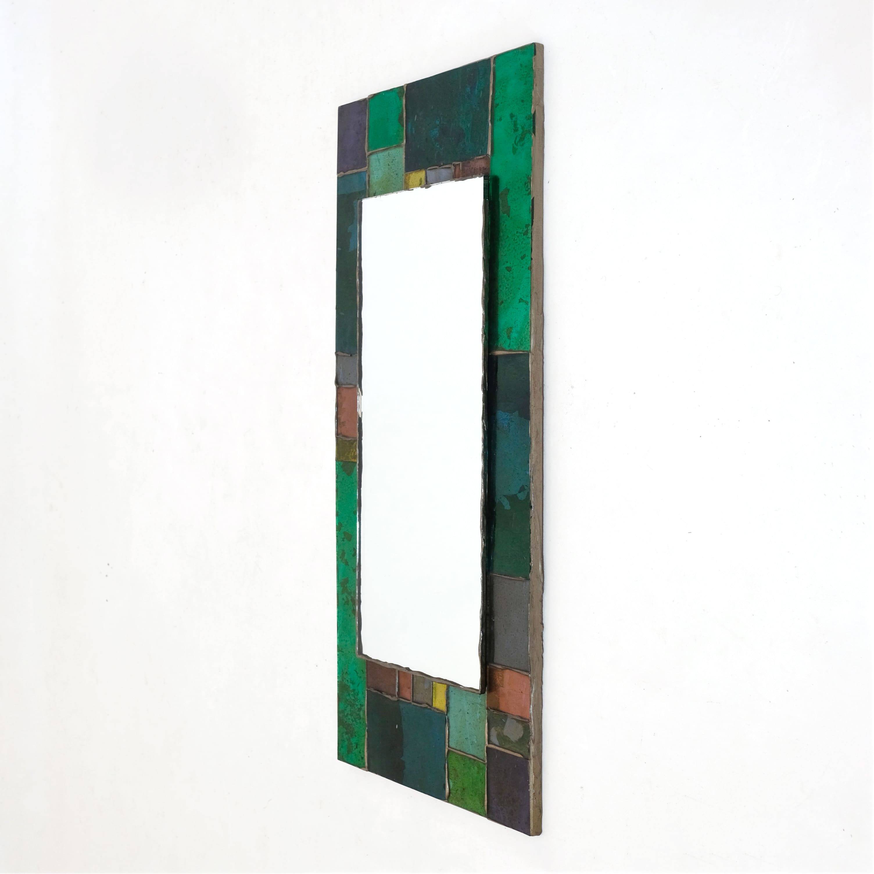 Coloured glass mirror, French work from the 1960s, 35x77 cm.
