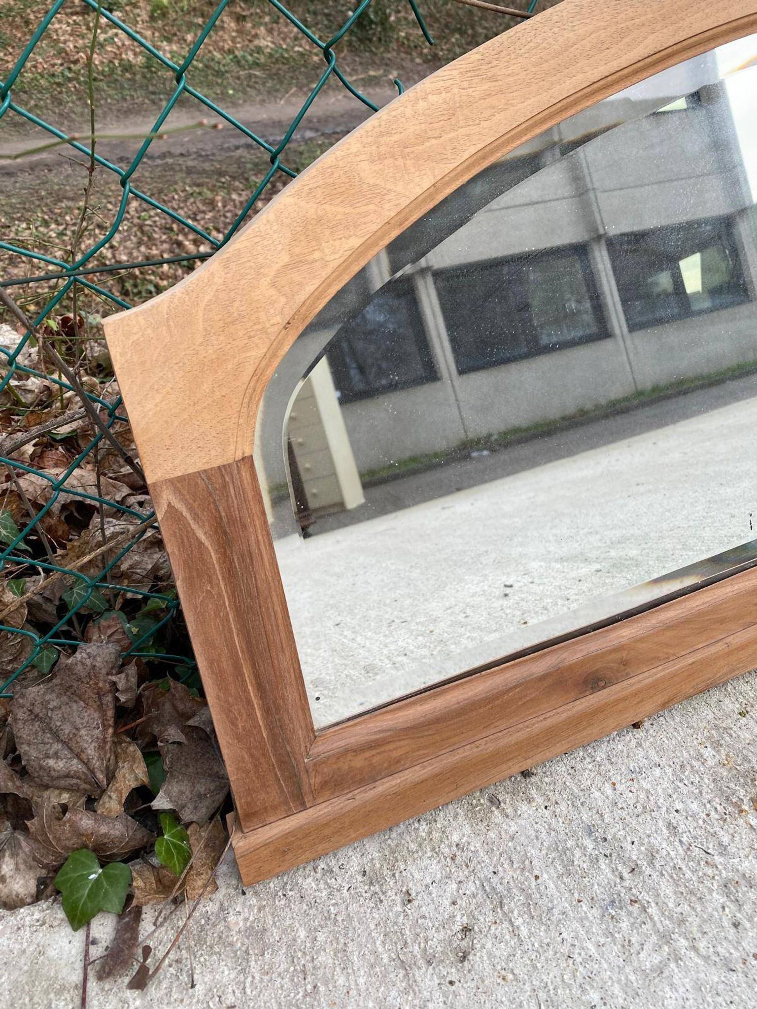 Art Deco mirror in carved arch renovated in solid raw oak wood 112cm