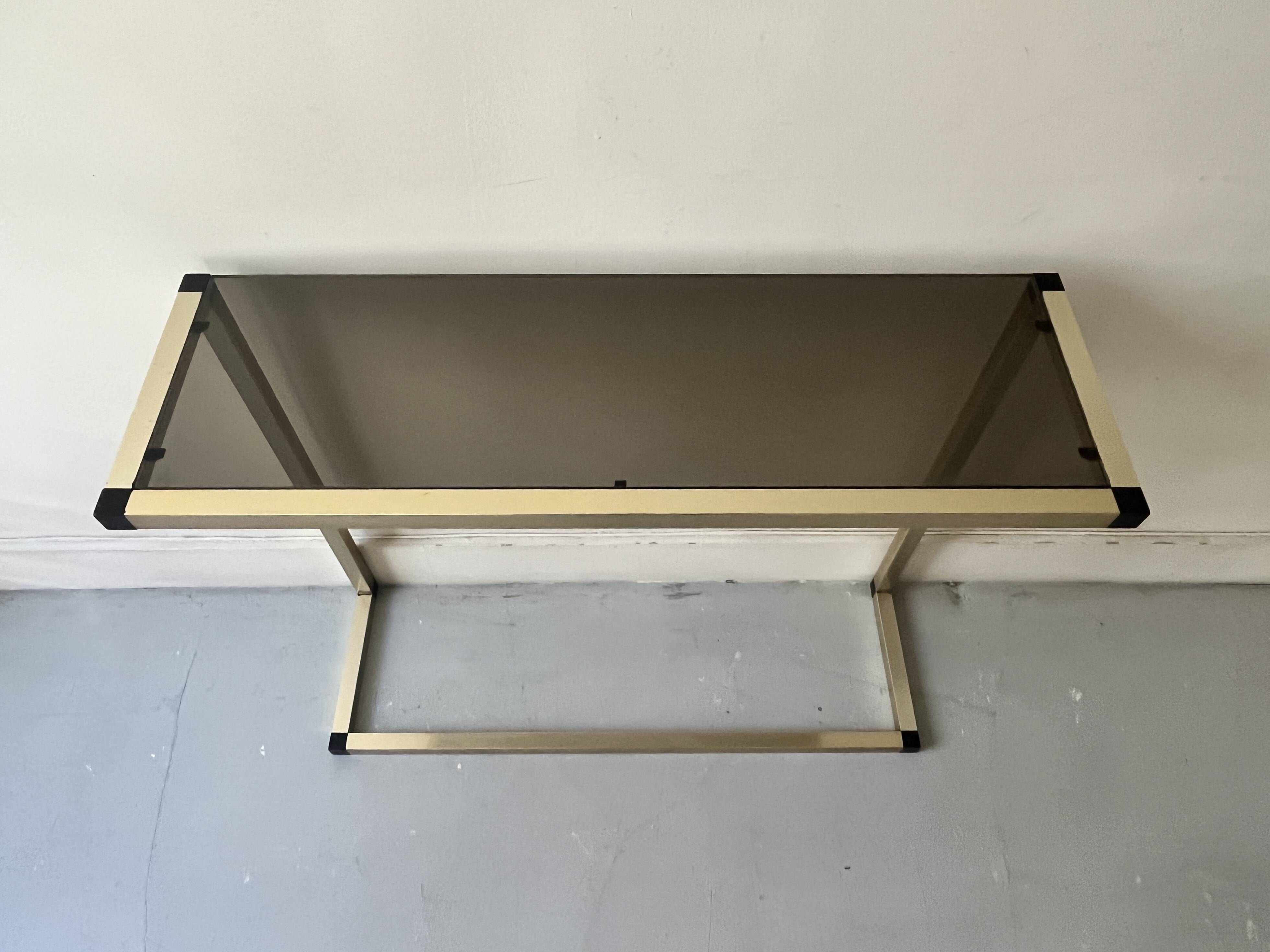 Console table in real brass and smoked glass, Italy 1970