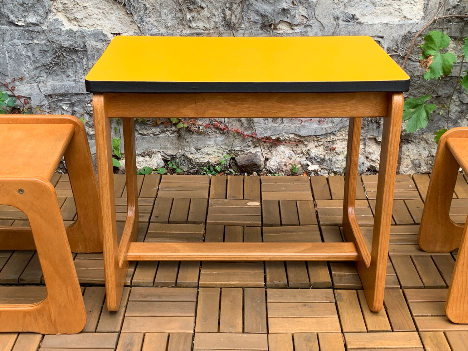 Children's wooden and formica desk and sled chairs 1970