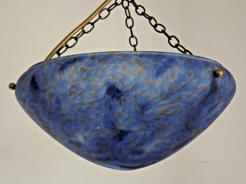 French Vintage Single Light Blue Art Glass Ceiling Light 3 Chains & Fitting