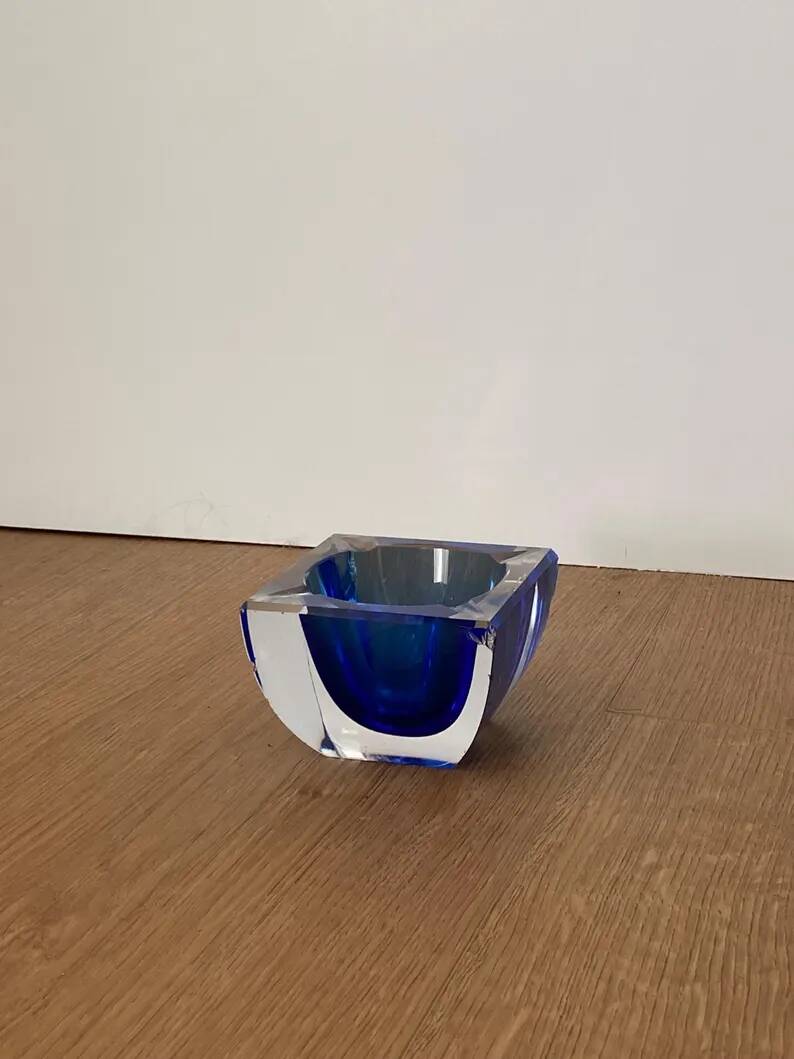 Vintage Sommerso glass ashtray in Murano style, square blue shape.