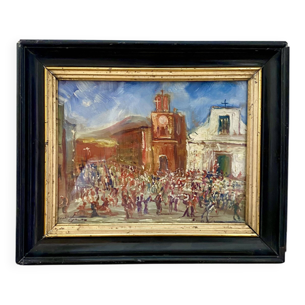 Huile «&nbsp;fête sicilienne «&nbsp; mise sous verre, cadre bois 19e