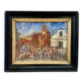 Oil painting "Sicilian Feast" in glass, 19th-century wooden frame.
