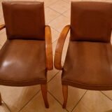 Pair of Art Deco armchairs in curved wood and brown leather – 1930s