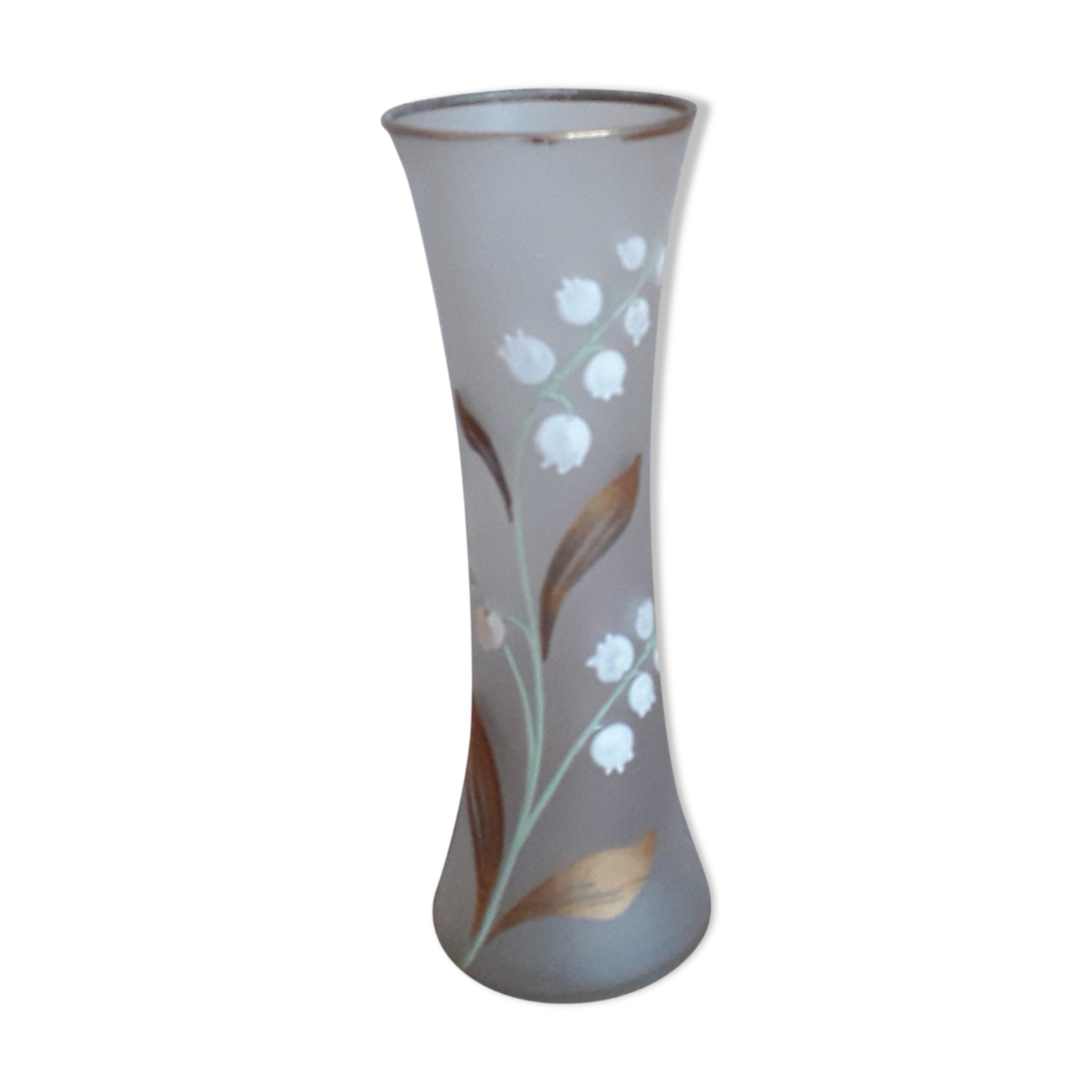 White glass vase enamelled thrush decoration