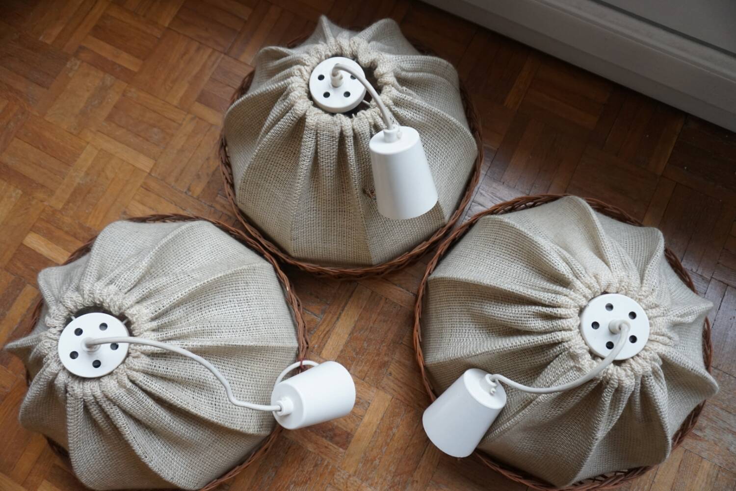 3 70s pendant lights - fabric and rattan