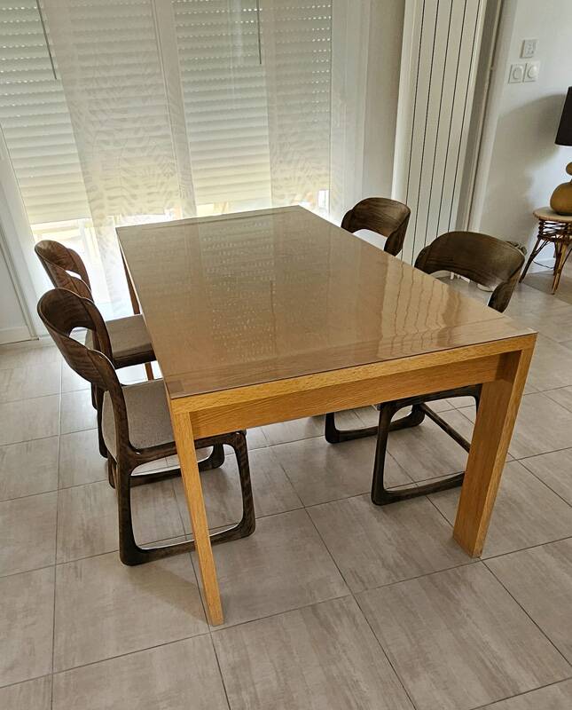 Set of 4 vintage Baumann "Sled" chairs in bent wood.