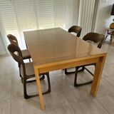 Set of 4 vintage Baumann "Sled" chairs in bent wood.