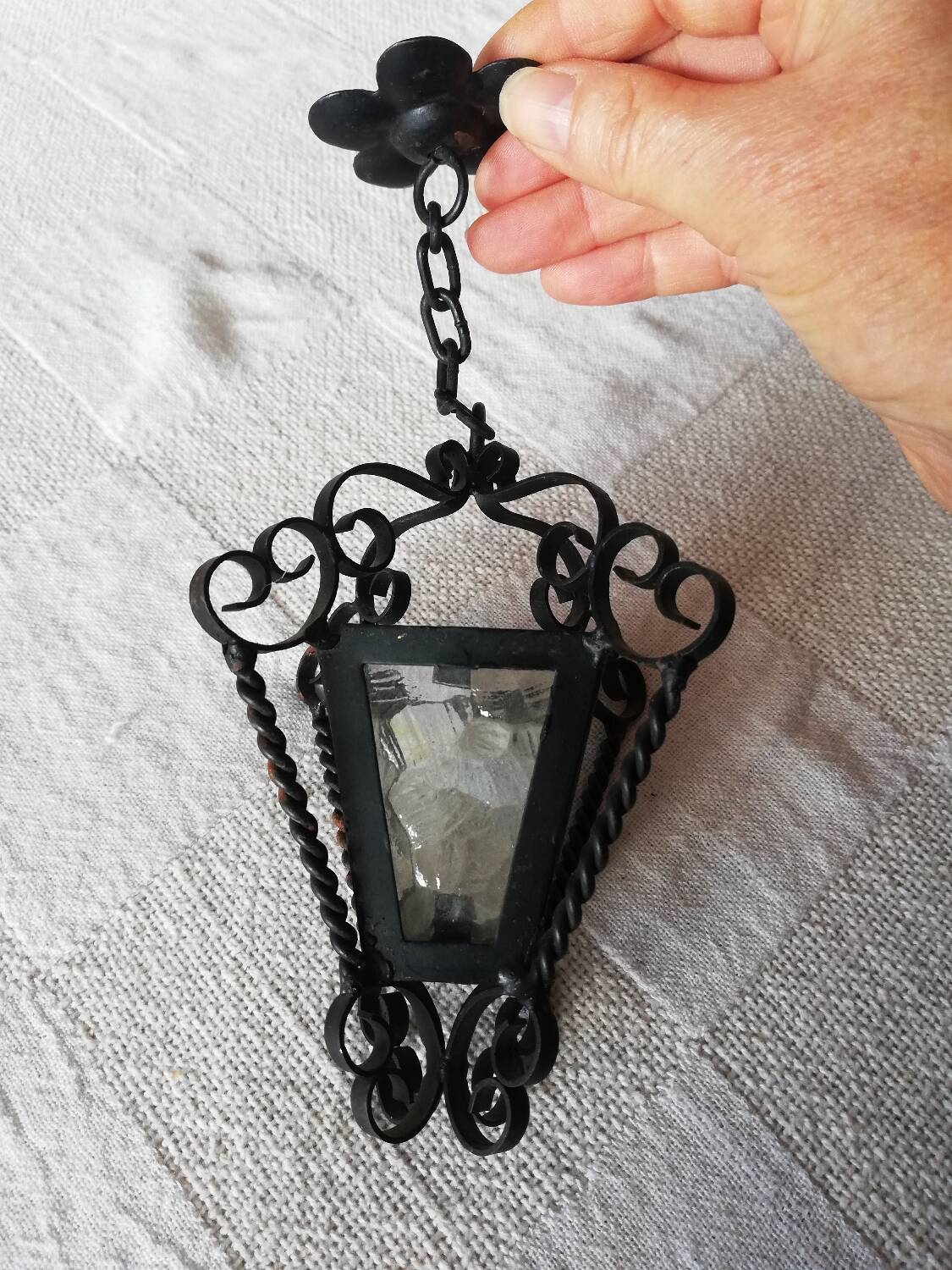 Small vintage wrought iron and glass lantern for dollhouse