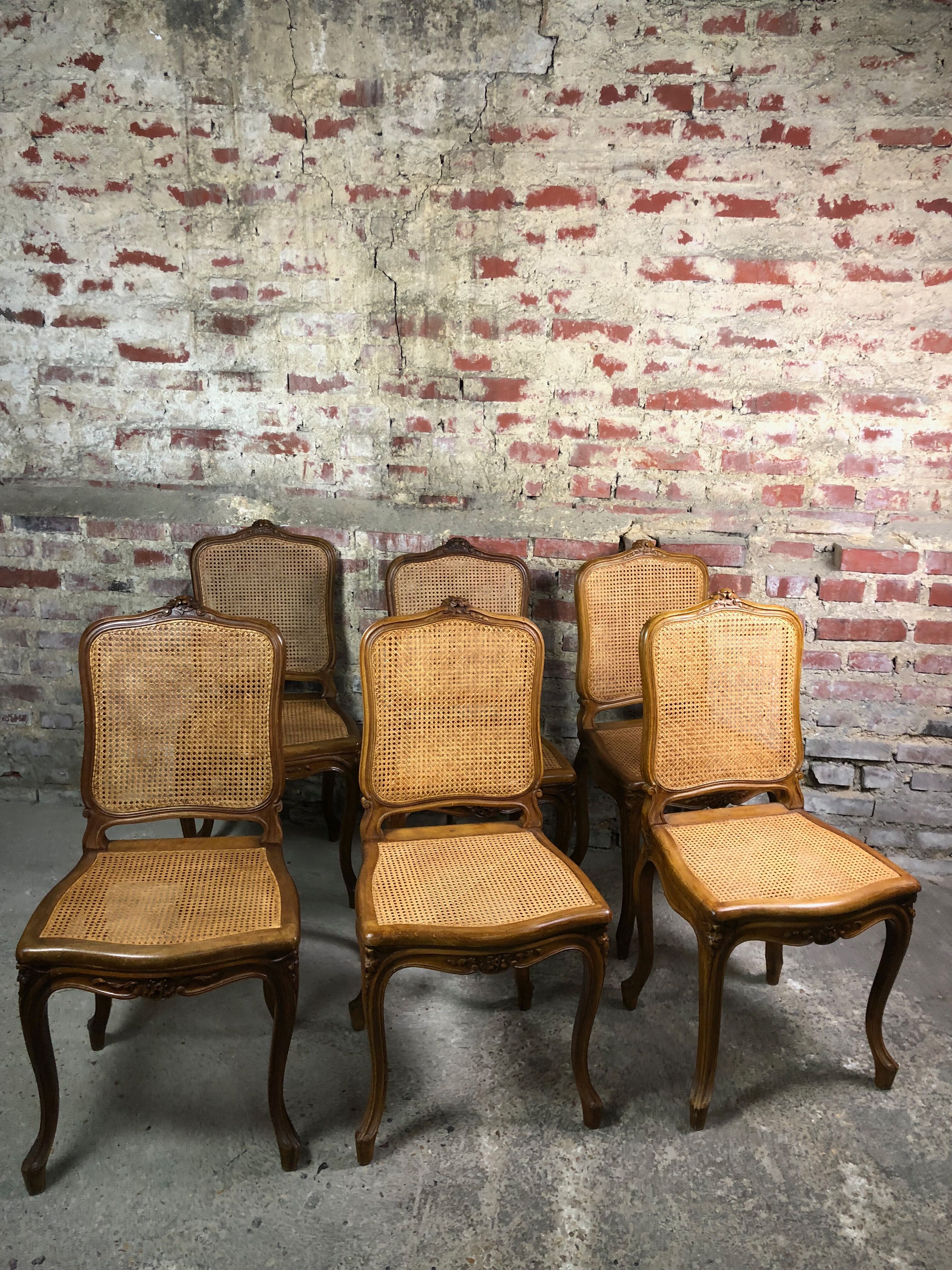 Chairs (lot of 6) Louis XV style in solid walnut caned 1940