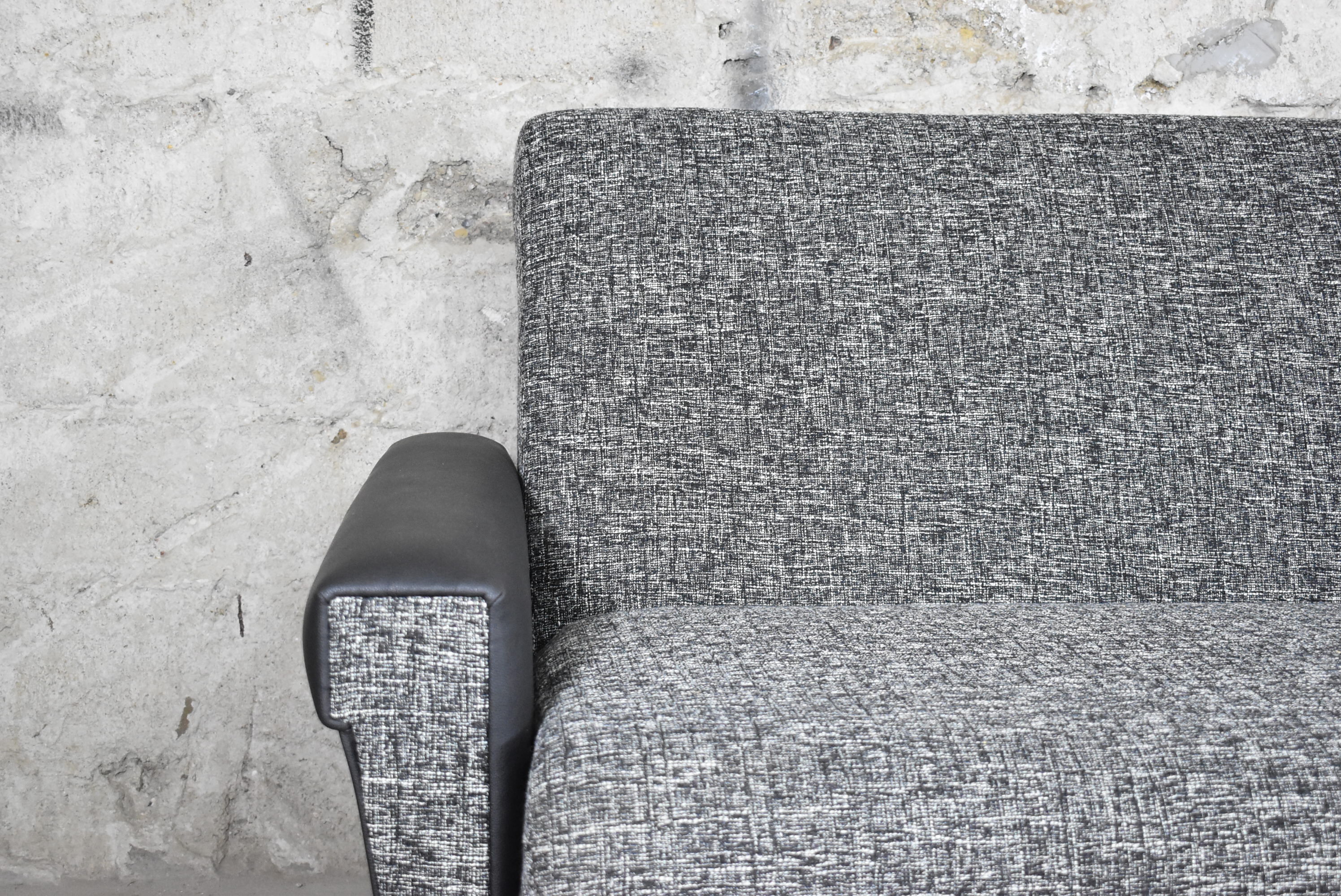 Restored couch, 60s, black and white fabric, black leather